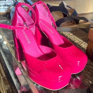 Wishbone Patent Platform Ankle-Strap Heels in Hot Pink